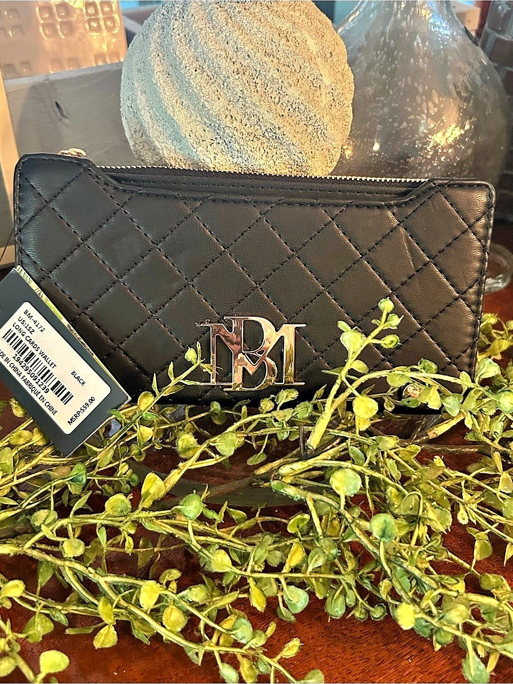 Badgley Mischka Long Card Sw Wallet Quilted Leather Wallet in Black NWT
